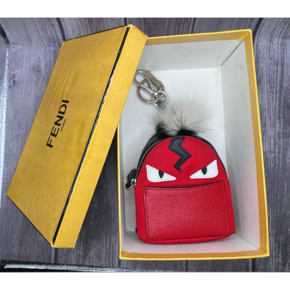 FENDI Monster Mini Backpack Bag Charm Leather Nylon & Fur Red Black w/ Box RARE - Picture 1 of 16